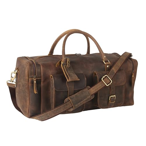 KomalC 24 Inch Leather Travel Duffle Bag, Gym Sports Cabin Holdall - color: Distressed Brown, size: 24 Inches