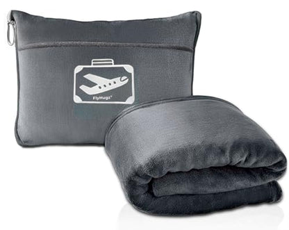 FlyHugz Grey Travel Blanket & Pillow Set (59.1"x47.2") with Carry Case - color: Gray