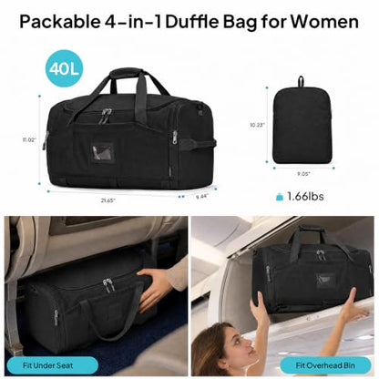 TOPEAST Foldable Duffle Bag for Travel, Large Travel Duffel Bags for Women - color: Black