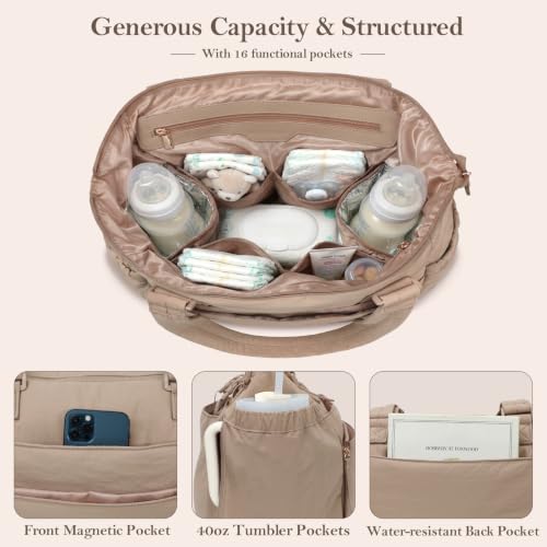 MOMINSIDE Diaper Bag Tote with Changing Station Convertible Diaper Bag Backpack Tote pañaleras para bebe Large Baby Bag, Hospital Bag Mommy Bag Travel Diaper Bag for Mom,16 Pockets, Khaki - color: Khaki