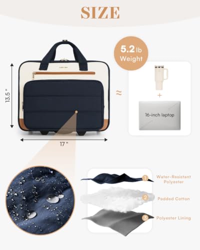 Puffer Women's Rolling Laptop Briefcase Bag with Wheels for Work & Travel - color: Ribbed Navy Blue