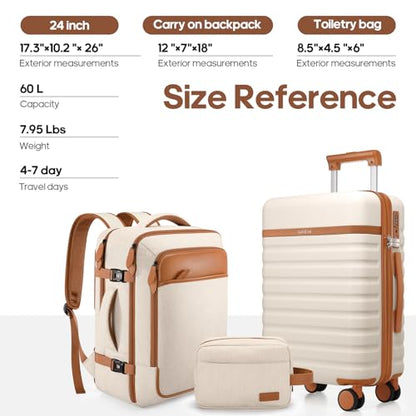UKEIN 수하물 세트 3피스, 휴대용 수하물 50.8cm(20인치) 여행 가방 세트, 백팩 포함, 베이지., 스피너 휠과 백팩이 있는 러그 - color: 베이지., size: 3 piece set (24inch)