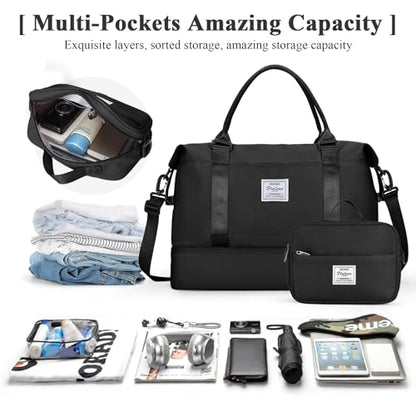 Travel Duffel Bag with Shoes Compartment,Weekender Bags for Women Travel - color: Black, size: Large