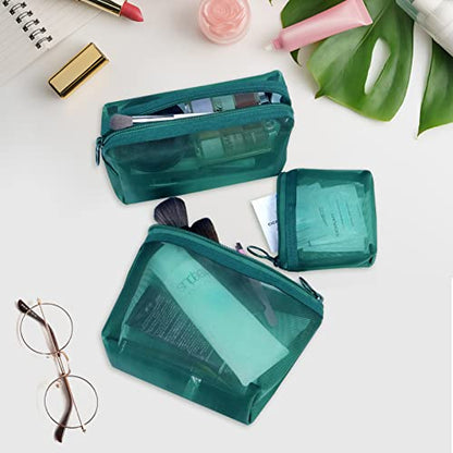 Aosbos 3-Pack Mesh Cosmetic Bag Set - Travel/On-The-Go Makeup Storage, Zipper Closure Small Pouch - color: Green