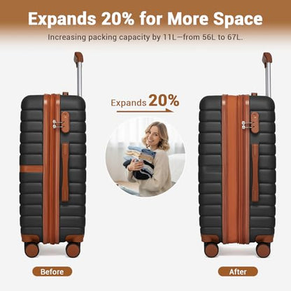 Kono Expandable 24 Inch Luggage with Spinner Wheels, Medium Checked Luggage with Lock, Lightweight & Anti-Scratch PC+ABS Hardshell Travel Suitcase, Black/Brown - color: Black/Brown, size: Checked-medium 24-inch