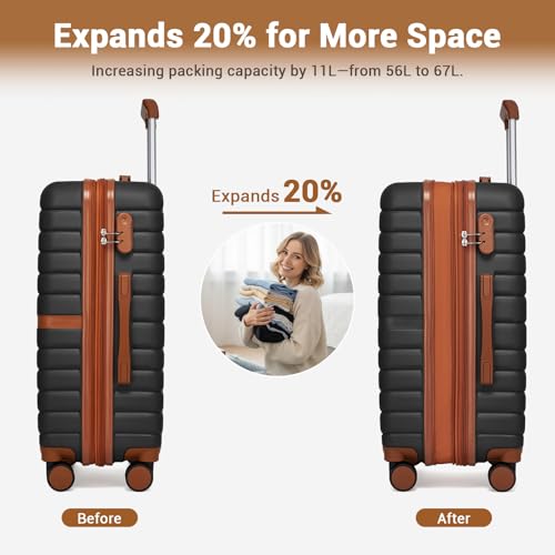 Kono Expandable 24 Inch Luggage with Spinner Wheels, Medium Checked Luggage with Lock, Lightweight & Anti-Scratch PC+ABS Hardshell Travel Suitcase, Black/Brown - color: Black/Brown, size: Checked-medium 24-inch