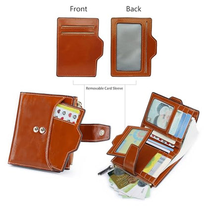 Women's RFID Blocking Leather Small Compact Bi-fold Zipper Pocket Wallet Card Case Purse with id Window - color: Waxed Camel