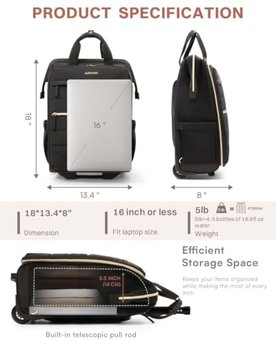 Rolling Puffer Backpack for Women, Travel Backpack with Wheels, 16 Inch Wheeled Laptop Backpck, Dual-Opening Design Overnight College Underseat Carry on Luggage, Roller Business Work Bag, Black - color: Horizontal Quilt Black