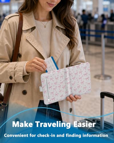 RFID Passport Holder with Tracker Slot, Leather Travel Wallet - color: Pink Bow
