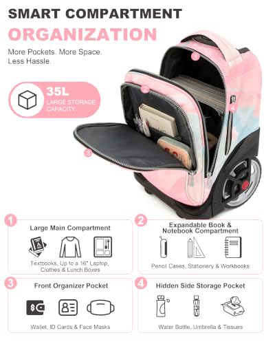 NEW TILAMI 19 Inch Rolling Backpack for School Stair-Climbing, Pink - color: Pink