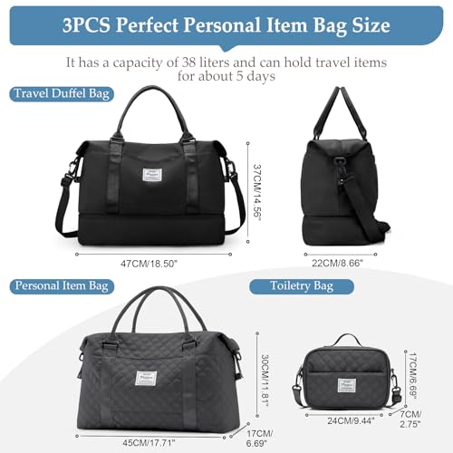 Weekender Bags for Women,Personal Item Travel Bag with Shoes Compartment - color: B-Blackn-3PCS-4051, size: Large