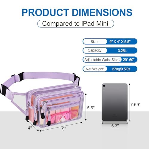 USPECLARE Clear Fanny Pack Stadium Approved Large Multi-Purpose Waist Bag - color: Light-Purple, style: 1-pack-pvc