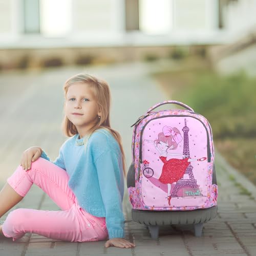 Tilami Rolling Backpack for Kids 18 Inch Wheeled Bookbag for Boys & Girls for School & Travel,Pink Girl - color: Pink