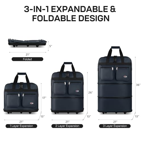 36'' Expandable Rolling Duffel Bag Suitcases w/Wheels,Foldable Luggage Bag - color: Navy, size: 36"