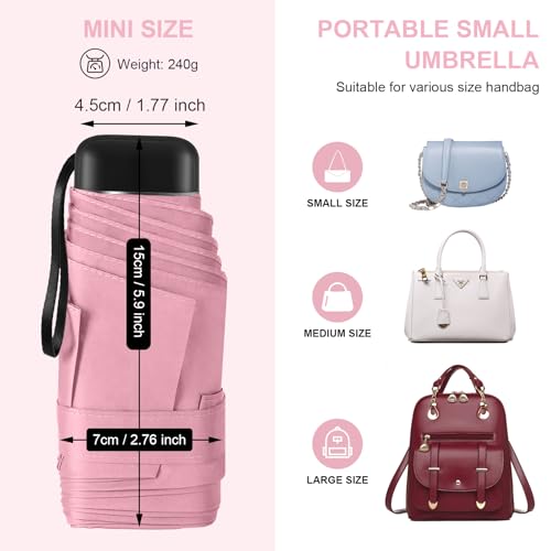 Mini Umbrella for Travel with Case Small Compact Sun Rain Tiny for Purse - color: 0802.Light Pink