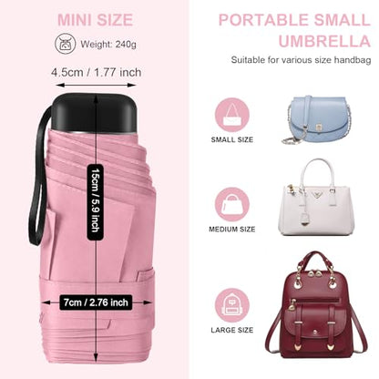 Mini Umbrella for Travel with Case Small Compact Sun Rain Tiny for Purse - color: 0802.Light Pink