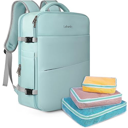 Lubardy Travel Backpack for Men Women 40L Flight Approved Carry on Backpack - color: Green(backpack With 3 Packing Cubes)