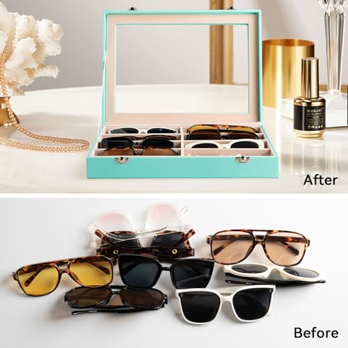 Frebeauty 8-Slot Sunglass Organizer,Sunglass Holder with Clear Lid - color: Turquoise, size: With Lid
