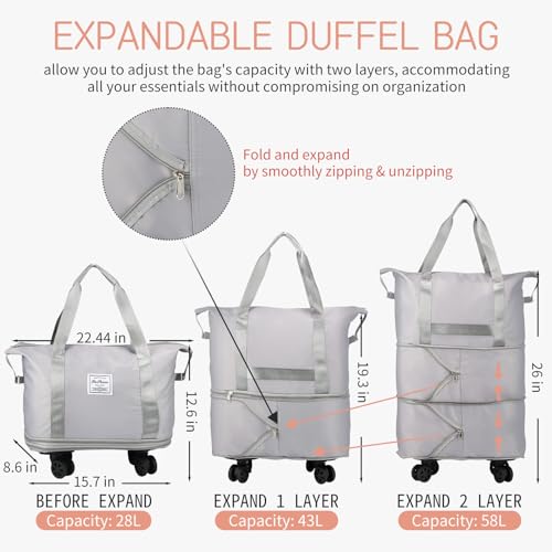 VOOWO Rolling Duffle Bag, Expandable Foldable Carry On Luggage with Wheels, Large Weekend Bag (Grey) - color: Grey