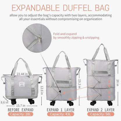 VOOWO Rolling Duffle Bag, Expandable Foldable Carry On Luggage with Wheels, Large Weekend Bag (Grey) - color: Grey