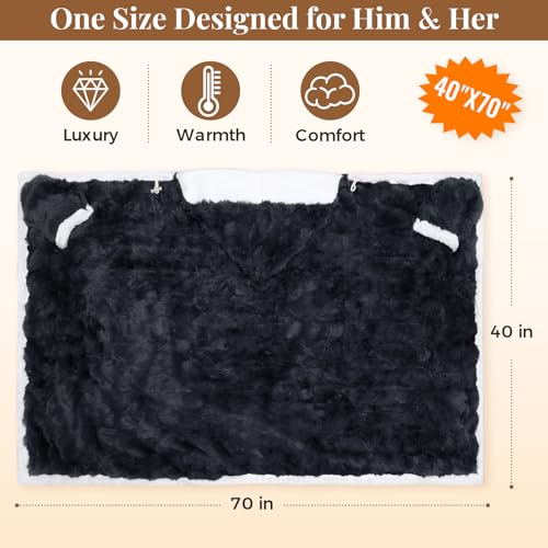 Wearable Heated Blanket Hoodie, Luxury Faux Fur & Sherpa Electric Throw Blanket, Heated Shawl Wraps Poncho with Pockets for Women Men, 3 Heat Levels & 12H Timer, ETL & FCC Certified, 40"x70",Dark Grey - color: Dark Grey, size: 40"x70"