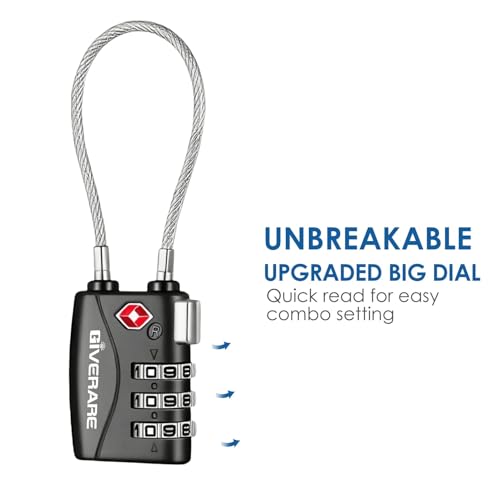 2 Pack TSA Approved Travel Luggage Locks, Long Cable Combination Lock Alloy, Metal Keyless 3-Digit Padlocks, Weatherproof TSA Accepted Padlock for Toolbox Gym Locker Golf Bag Case Backpack-Black - color: Black