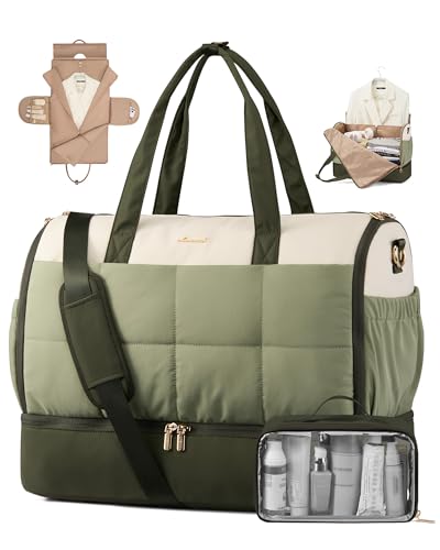LOVEVOOK Garment Bags for Travel,Convertible Garment Bag for Women with Shoe Pouch,Carry on Duffel Bag with Toiletry Bag, 2 in 1 Hanging Suitcase Suit Bag,Waterproof Weekender Bags for Business Trip - color: Beige-Bean Green-Dark green