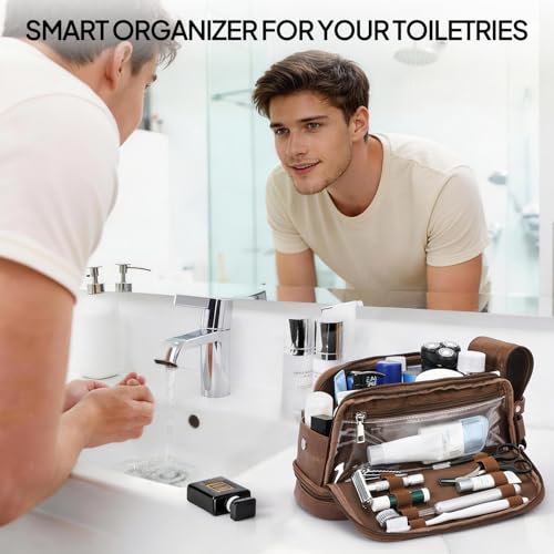 Toiletry Bag for Men, Large PU Leather Dopp Kit for Travel Toiletries - color: Brown
