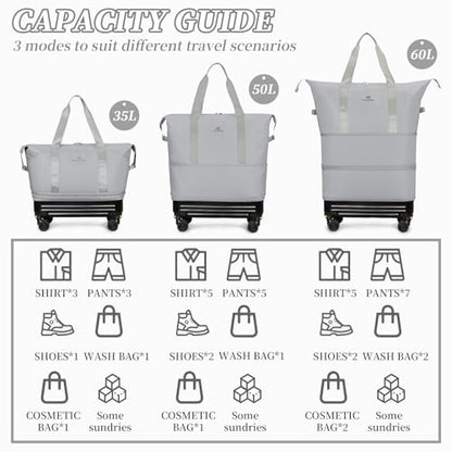 Rolling Duffel Bag with Detachable Wheels & Handle,Expandable Foldable Travel Duffle Bag,Carry on Luggage Large Tote Bag for Gym Overnight Weenkend Trip(Grey) - color: Grey with Handle