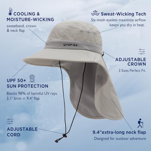 TOP-EX UPF 50+ Cooling Wide Brim Sun Hat for Men with Neck Flap, Packable - color: Light Grey, size: Large-X-Large