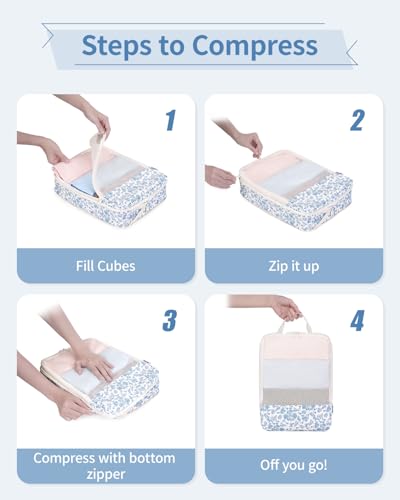 Narwey Compression Packing Cubes for Travel, Cute Luggage Organizer Bags - color: Y-Blue Flower