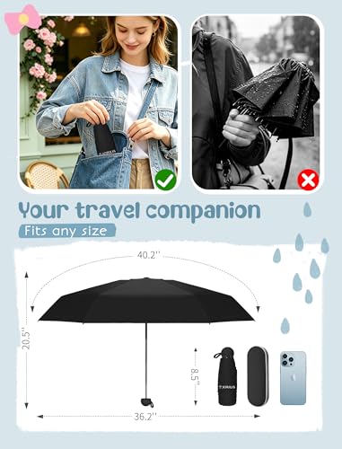 Jorilis Mini Compact Travel Umbrella with Case, Pocket Size UV Sun & Rain - color: Black