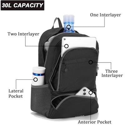 30L Hiking Backpack Lightweight Day Packs, Packable Backpack for Women Men - color: E-black