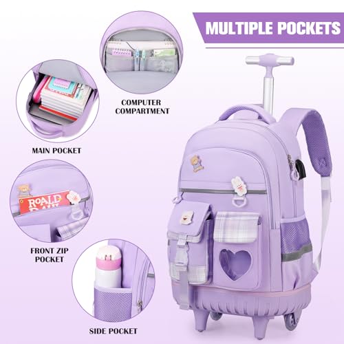 ACESAK 3PCS Rolling Backpack for Girls Children, Girls Backpack with Wheels - color: Purple