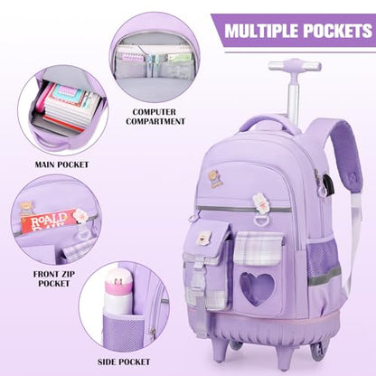 ACESAK 3PCS Rolling Backpack for Girls Children, Girls Backpack with Wheels - color: Purple