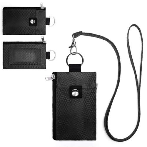 SENDEFN Minimalist Lanyard Keychain Wallet for Women, RFID Blocking WaterResistant Zip Credit Card Holder with ID Window - color: 2-Black