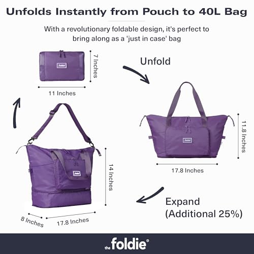 The Foldie Foldable Travel Bag for Women - 40L Weekender Bag with Multiple Pockets - Carry On Expendable Travel Bag - color: Purple