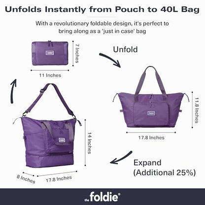 The Foldie Foldable Travel Bag for Women - 40L Weekender Bag with Multiple Pockets - Carry On Expendable Travel Bag - color: Purple