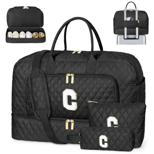 TIBES Birthday Graduation Gift for Her, Initial Weekender Bag for Women 45L - color: Black Diamond Quilted, style: C