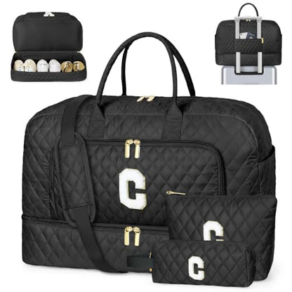 TIBES Birthday Graduation Gift for Her, Initial Weekender Bag for Women 45L - color: Black Diamond Quilted, style: C