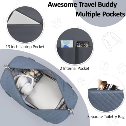 Tenot Quilted Duffle Bag for Women Travel Tote Bag with Luggage Sleeve - color: Blue, size: Large