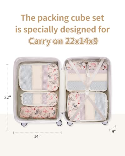 Narwey Compression Packing Cubes for Travel, Cute Luggage Organizer Bags - color: Y-Beige Flamingo