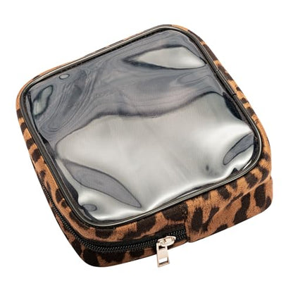 Fabric Leopard Print Clear Makeup Bag Travel Cosmetic Case Transparent Toiletry Bag with Zipper, Portable Make Up Organizer Traveling Compact Car Bag for Essentials (Brown) - color: Brown