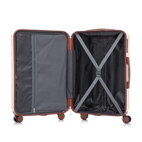 Luggage 3 Pcs Sets ABS Hardside Luggage Set Spinner Wheel Suitcase - color: Brown/Ivory, size: 20/24/28 Inch