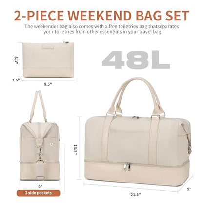 Women's Weekender bag Travel Duffel Bag with Shoe Compartment 21-inch Airline-Approved Carry-On, 2-Piece Overnight Bag Set Personal Item Luggage - color: D-Beige