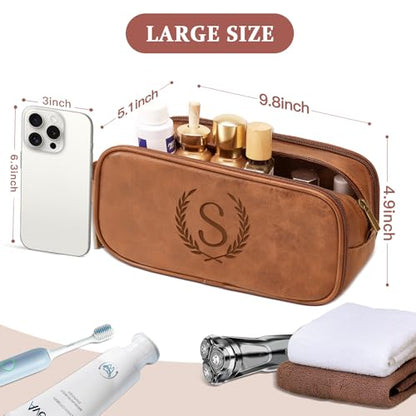 Travel Toiletry Bag For Mens PU Leather Engraved Initials (Yellow Brown D) - color: Yellow Brown, style: D