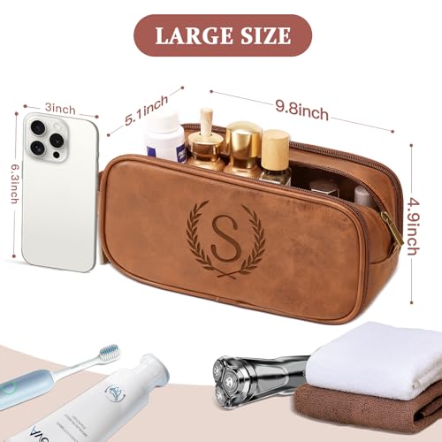 Travel Toiletry Bag For Mens PU Leather Engraved Initials (Yellow Brown S) - color: Yellow Brown, style: S