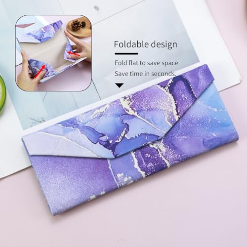 Foldable Glasses Case, Magnetic PU Leahter Sunglasses Case, Cute Hard Shell Folding Eyeglass Cases for Women Kids - color: Purple Marble