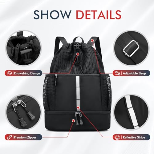 PinCute Drawstring Backpack for Men Women, Mesh Gym Bag for Beach - color: Black