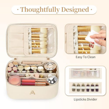 Women Daily Use & Travel Personalized Makeup Bag with Metal Letter Patch O | Women Large Travel Custom Initial Makeup Bag, Cosmetic Organizer Spacious PU Leather Toiletry Case with Handle & Divider - size: O